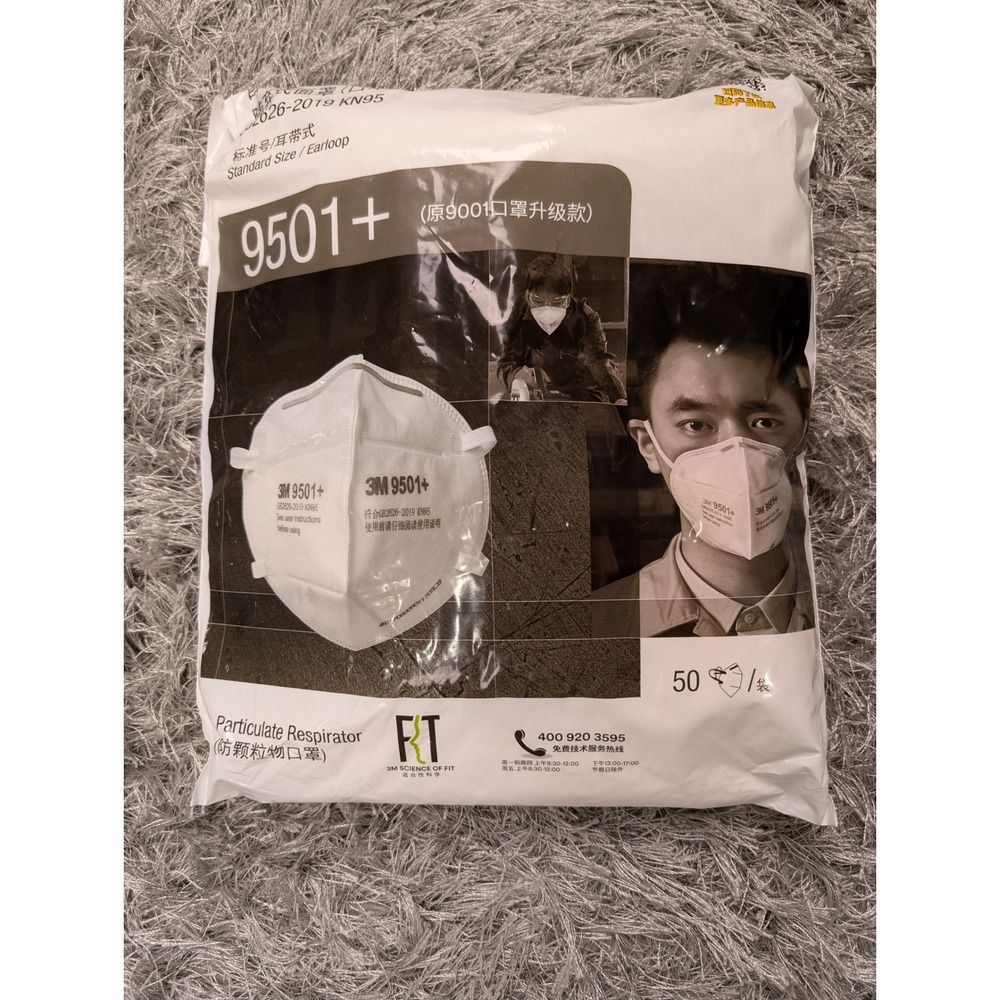 3M 9501+ Particulate Respirator KN95 Face Mask White Earloop 50 Pack GB2626-2019